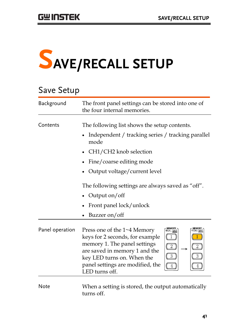 Save setup, Ave/recall setup | GW Instek GPD-4303S User Manual | Page 41 / 59