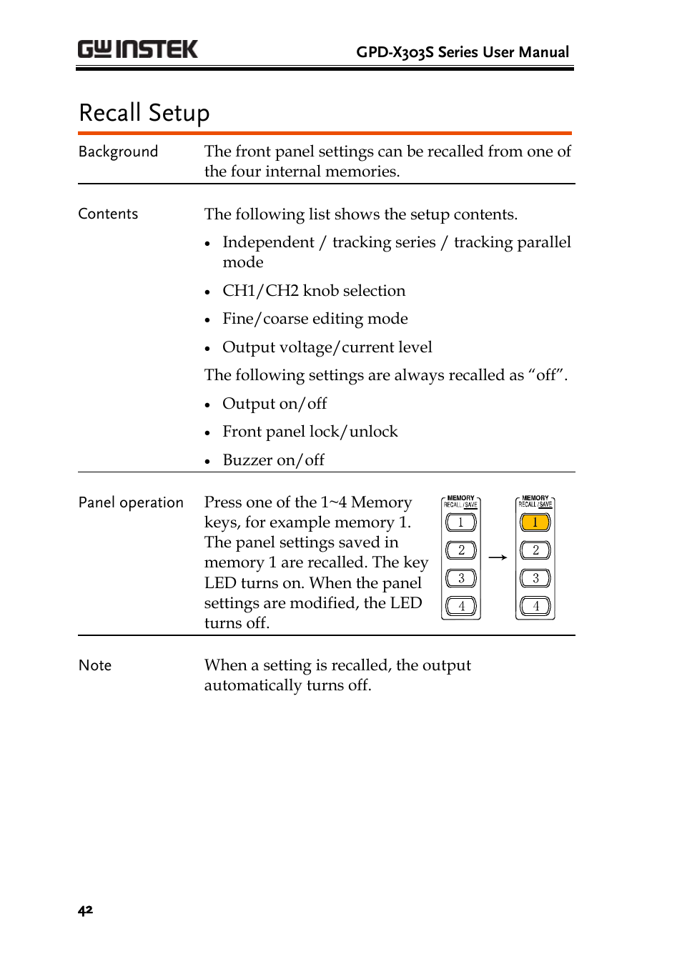 Recall setup, Remote control | GW Instek GPD-4303S User Manual | Page 42 / 59