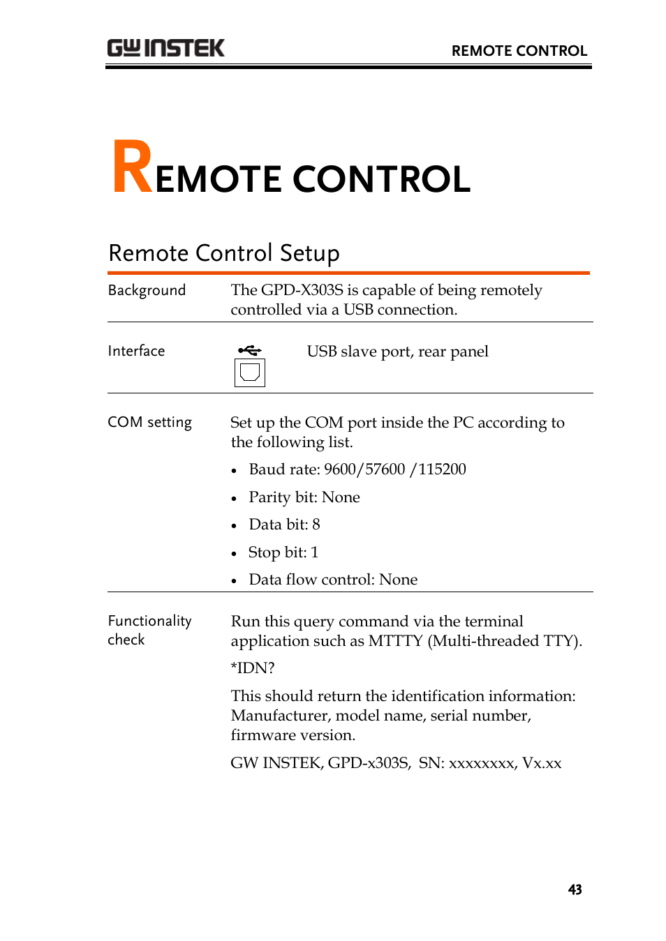 Remote control setup, Emote control | GW Instek GPD-4303S User Manual | Page 43 / 59