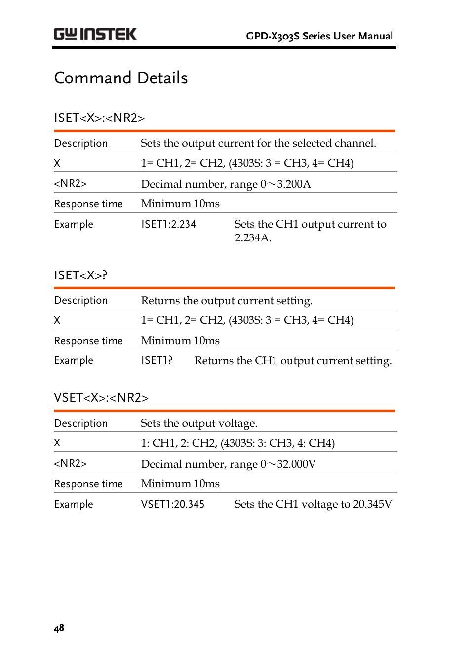 Command details, Iset<x>:<nr2, Iset<x | Vset<x>:<nr2 | GW Instek GPD-4303S User Manual | Page 48 / 59