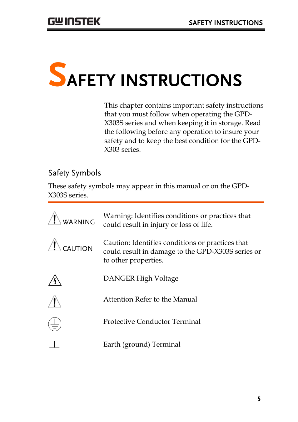 Safety symbols, Afety instructions | GW Instek GPD-4303S User Manual | Page 5 / 59