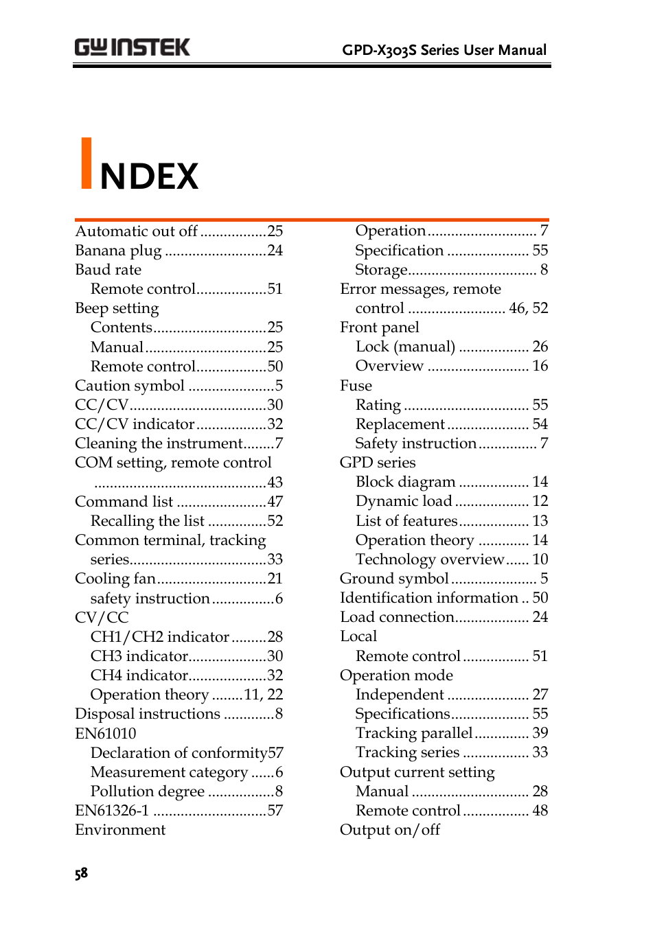 Ndex | GW Instek GPD-4303S User Manual | Page 58 / 59