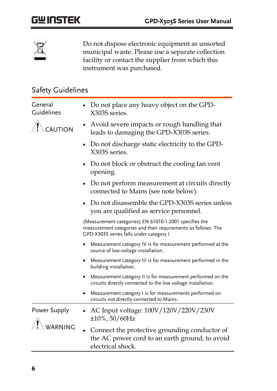 Safety guidelines | GW Instek GPD-4303S User Manual | Page 6 / 59