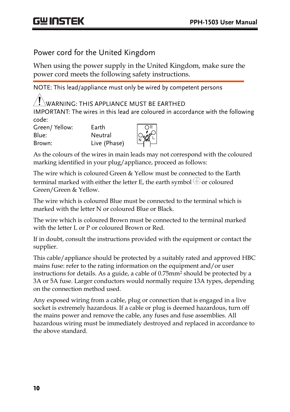 Power cord for the united kingdom | GW Instek PPH-1503 User Manual | Page 10 / 137