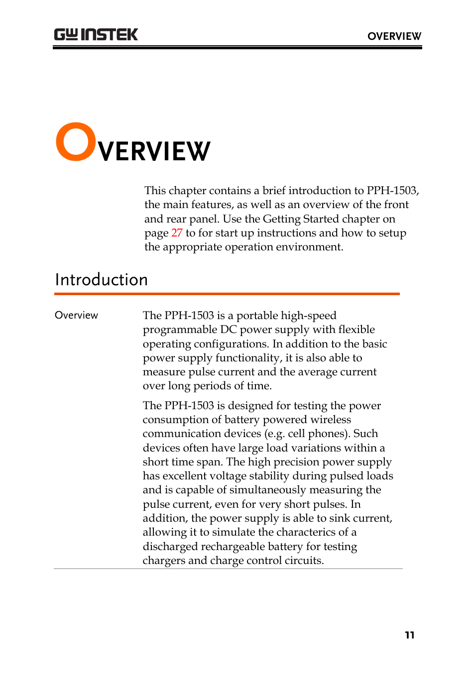 Overview, Introduction, Verview | GW Instek PPH-1503 User Manual | Page 11 / 137