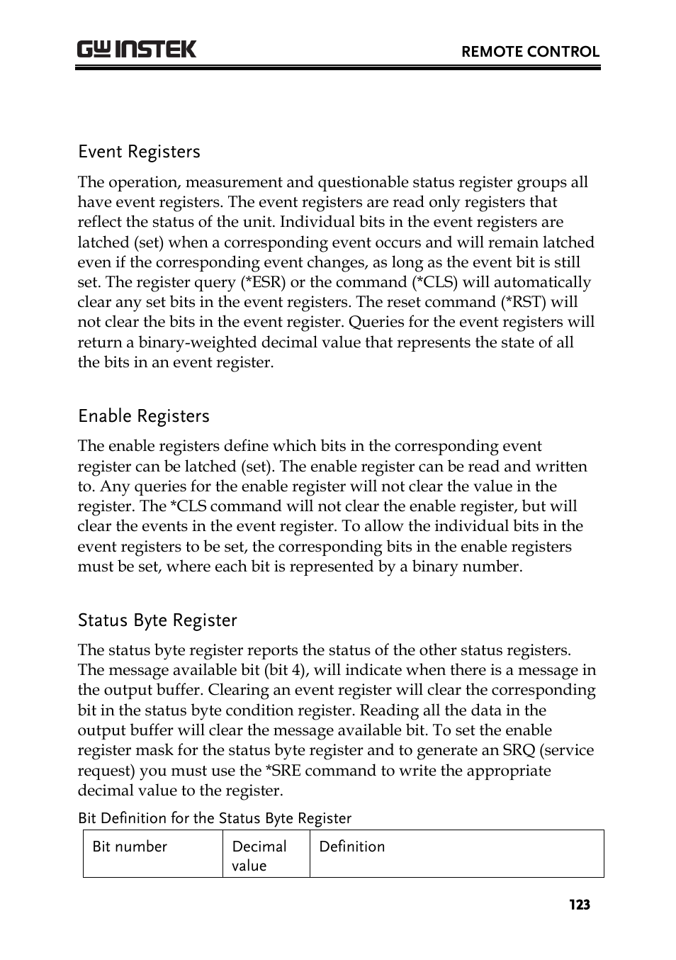 Event registers, Enable registers, Status byte register | GW Instek PPH-1503 User Manual | Page 123 / 137
