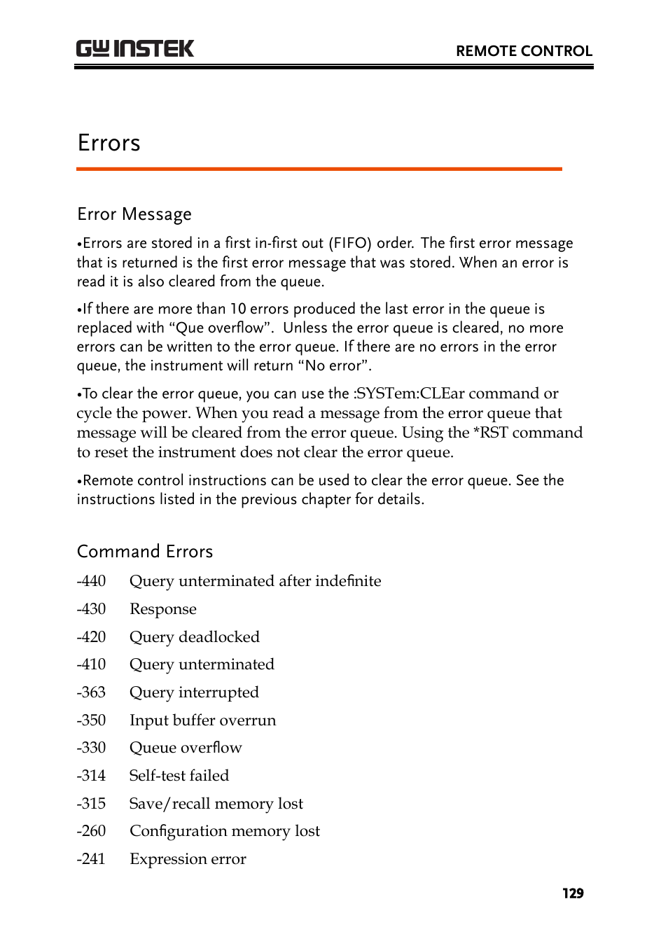 Errors, Error message, Command errors | GW Instek PPH-1503 User Manual | Page 129 / 137