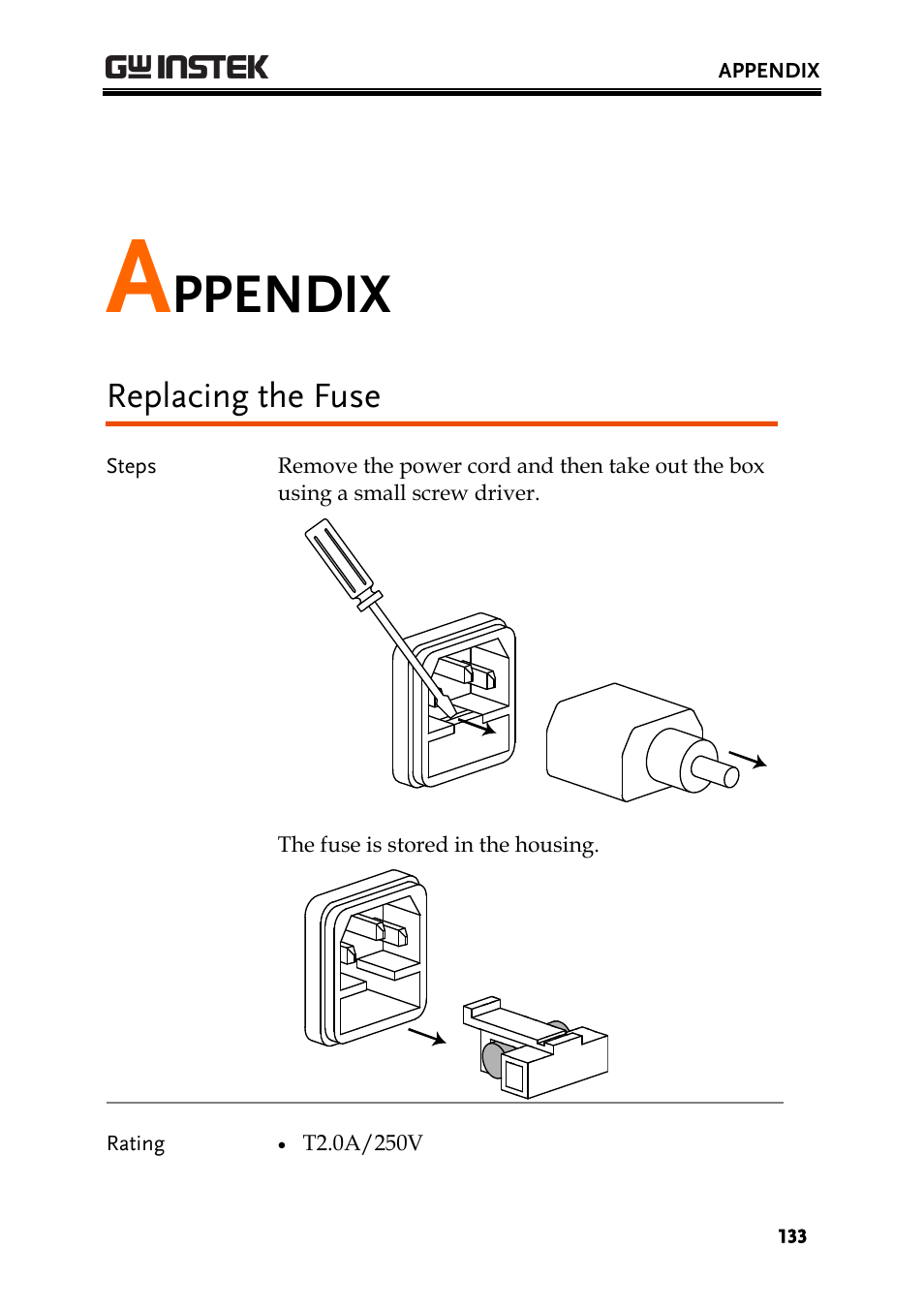 Appendix, Replacing the fuse, Ppendix | GW Instek PPH-1503 User Manual | Page 133 / 137