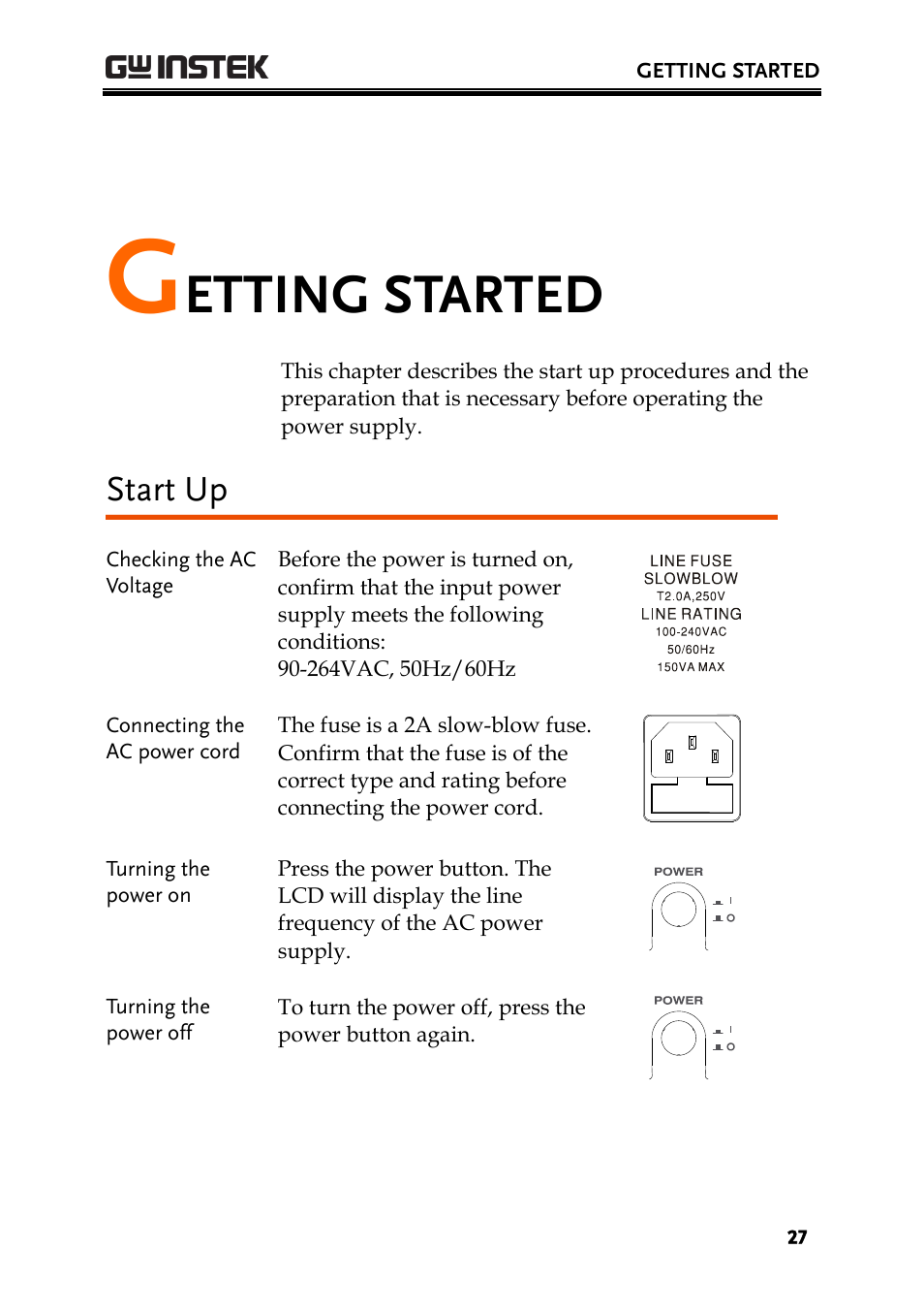 Getting started, Start up, Etting started | GW Instek PPH-1503 User Manual | Page 27 / 137