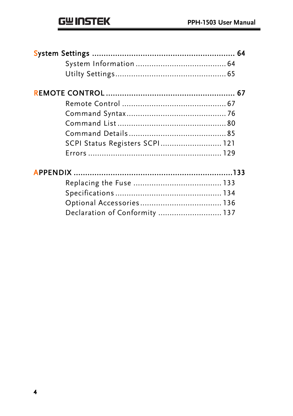 GW Instek PPH-1503 User Manual | Page 4 / 137