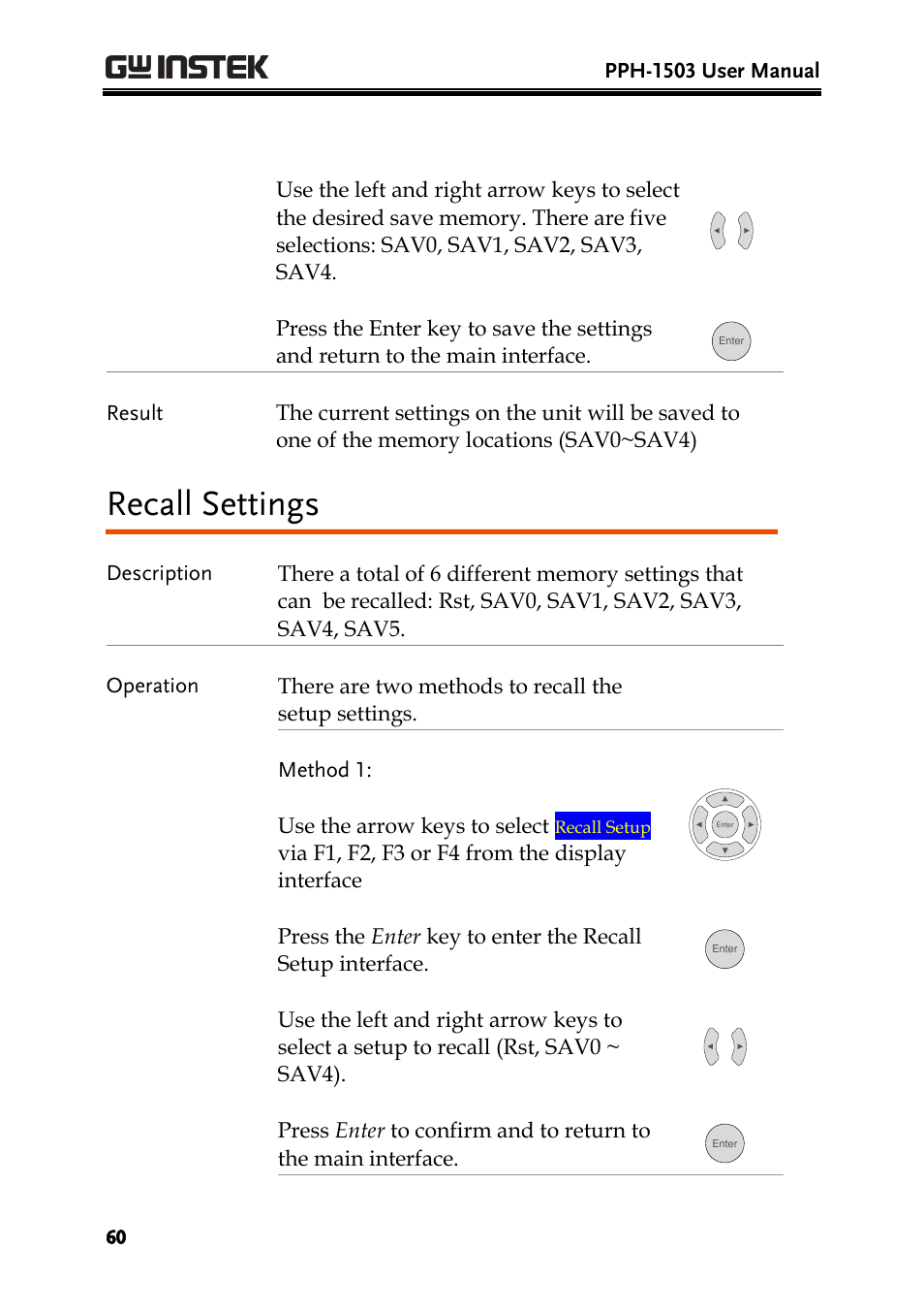 Recall settings | GW Instek PPH-1503 User Manual | Page 60 / 137