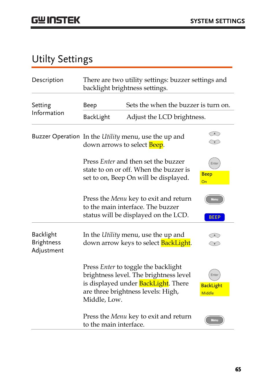 Utilty settings | GW Instek PPH-1503 User Manual | Page 65 / 137