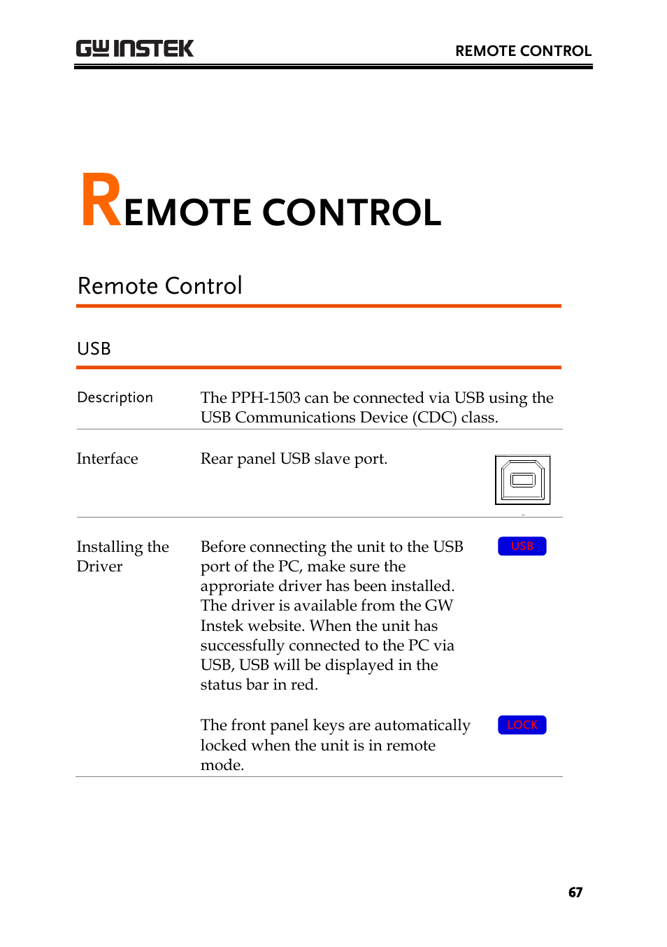 Remote control, Emote control | GW Instek PPH-1503 User Manual | Page 67 / 137