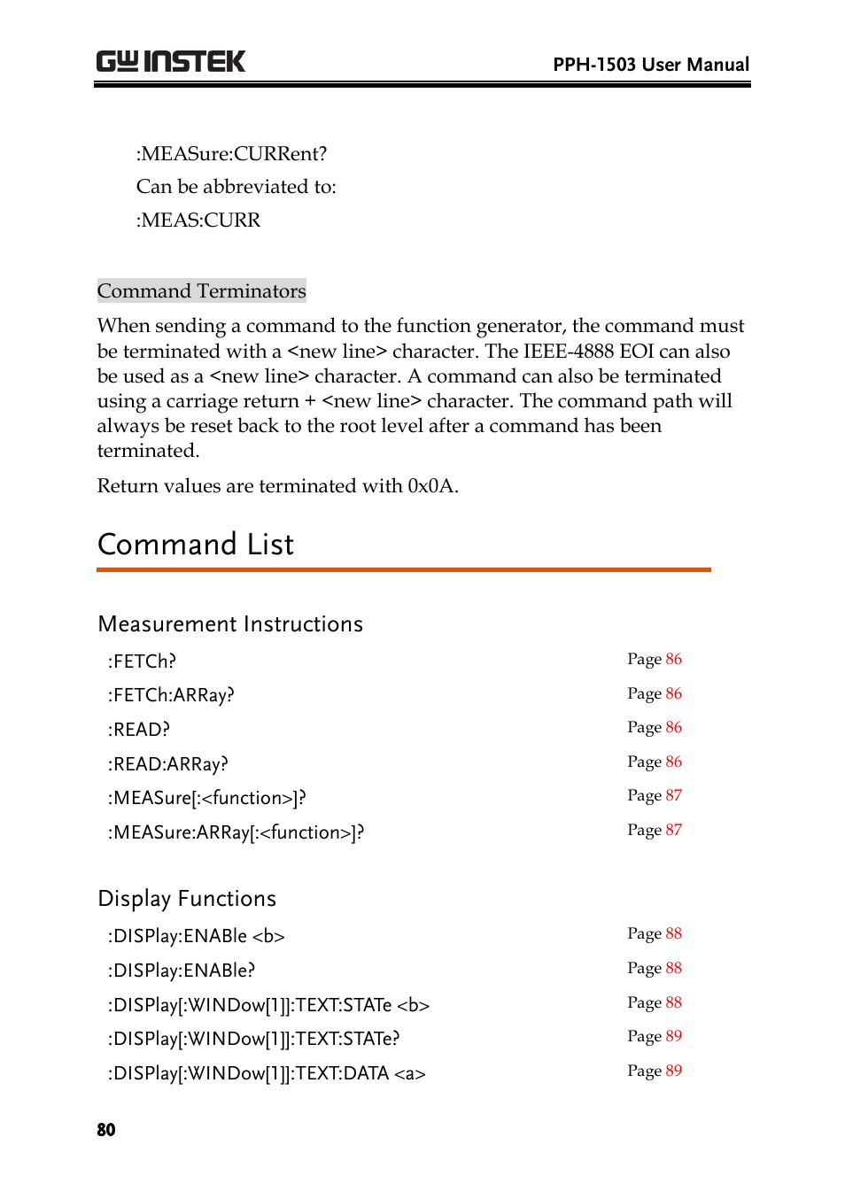 Command list, Measurement instructions, Display functions | GW Instek PPH-1503 User Manual | Page 80 / 137