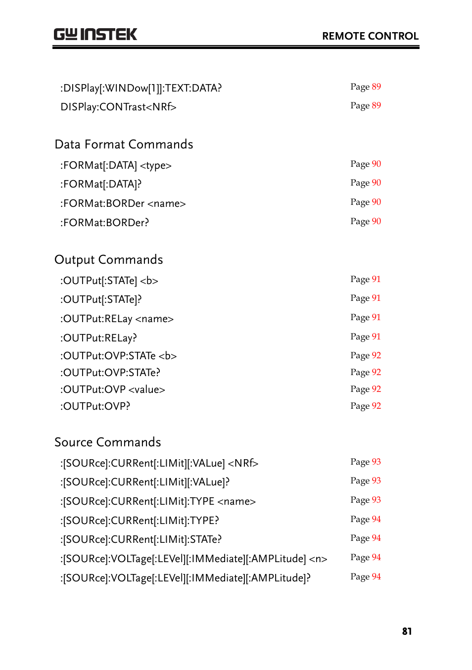 Data format commands, Output commands, Source commands | GW Instek PPH-1503 User Manual | Page 81 / 137