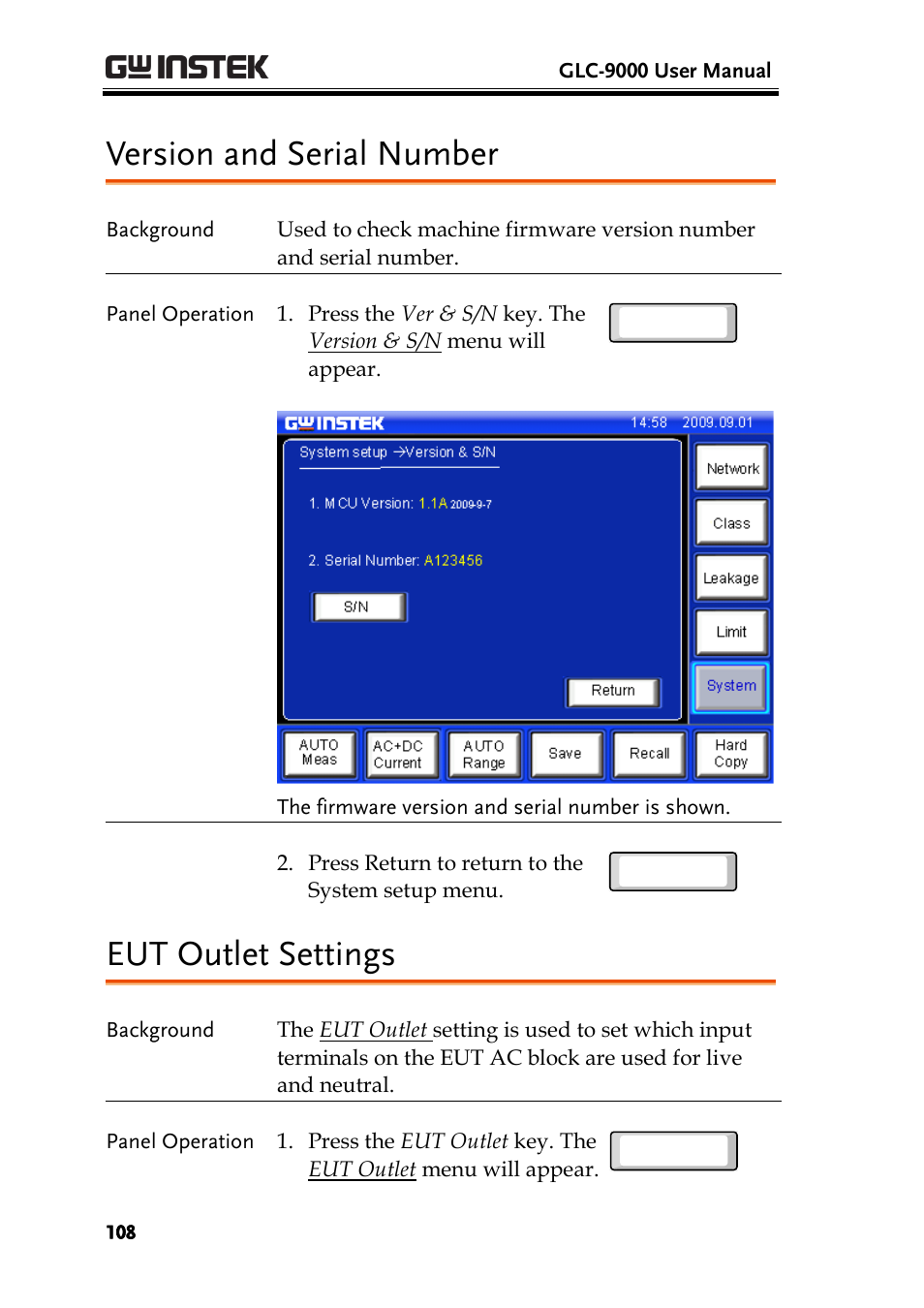 Version and serial number, Eut outlet settings | GW Instek GLC-9000 User Manual User Manual | Page 108 / 187