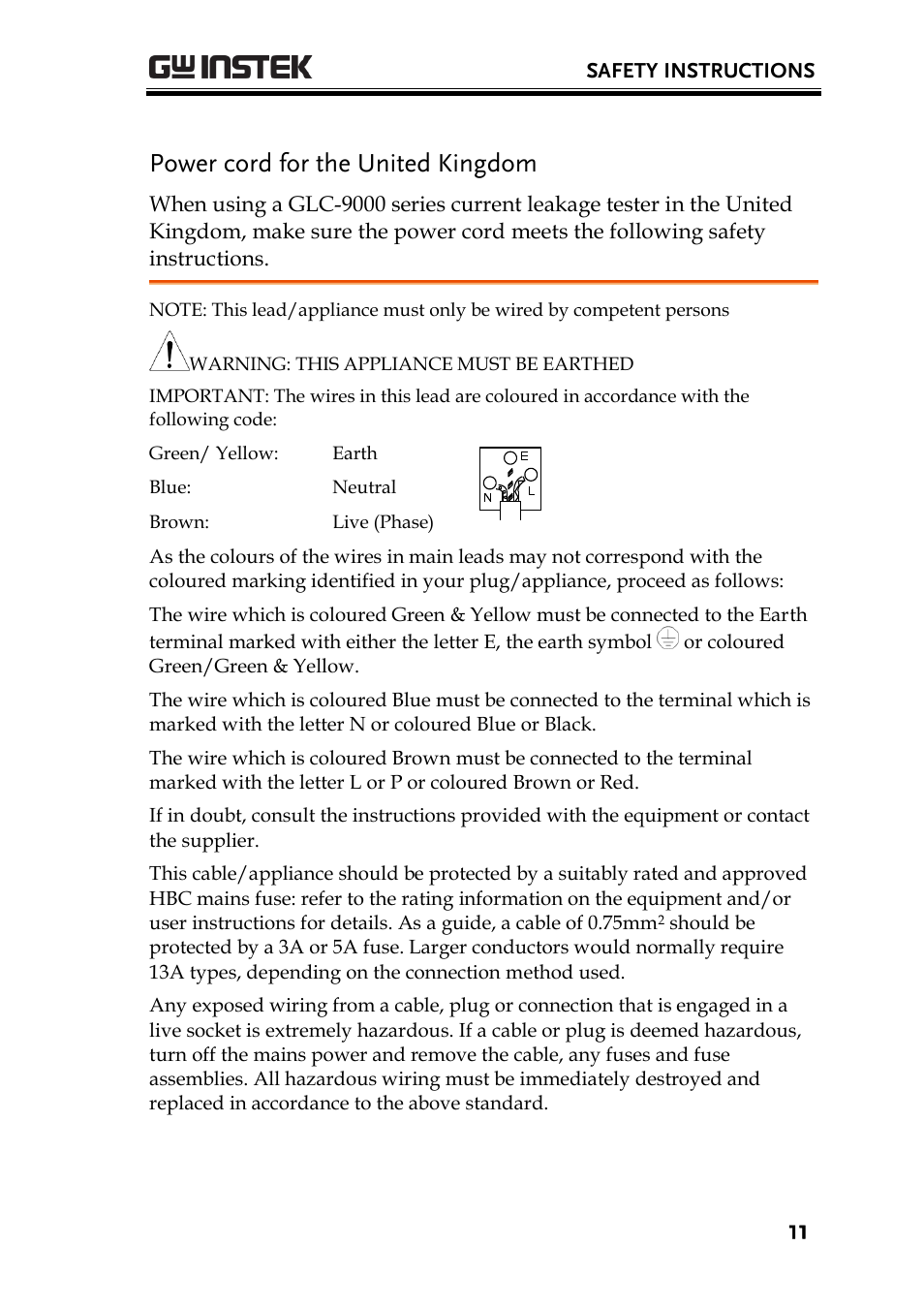 Power cord for the united kingdom | GW Instek GLC-9000 User Manual User Manual | Page 11 / 187