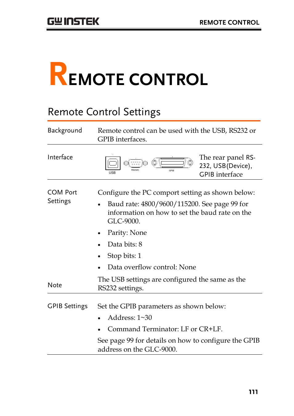 Remote control, Remote control settings, Emote control | Parity: none, Data bits: 8, Stop bits: 1, Address: 1~30 | GW Instek GLC-9000 User Manual User Manual | Page 111 / 187