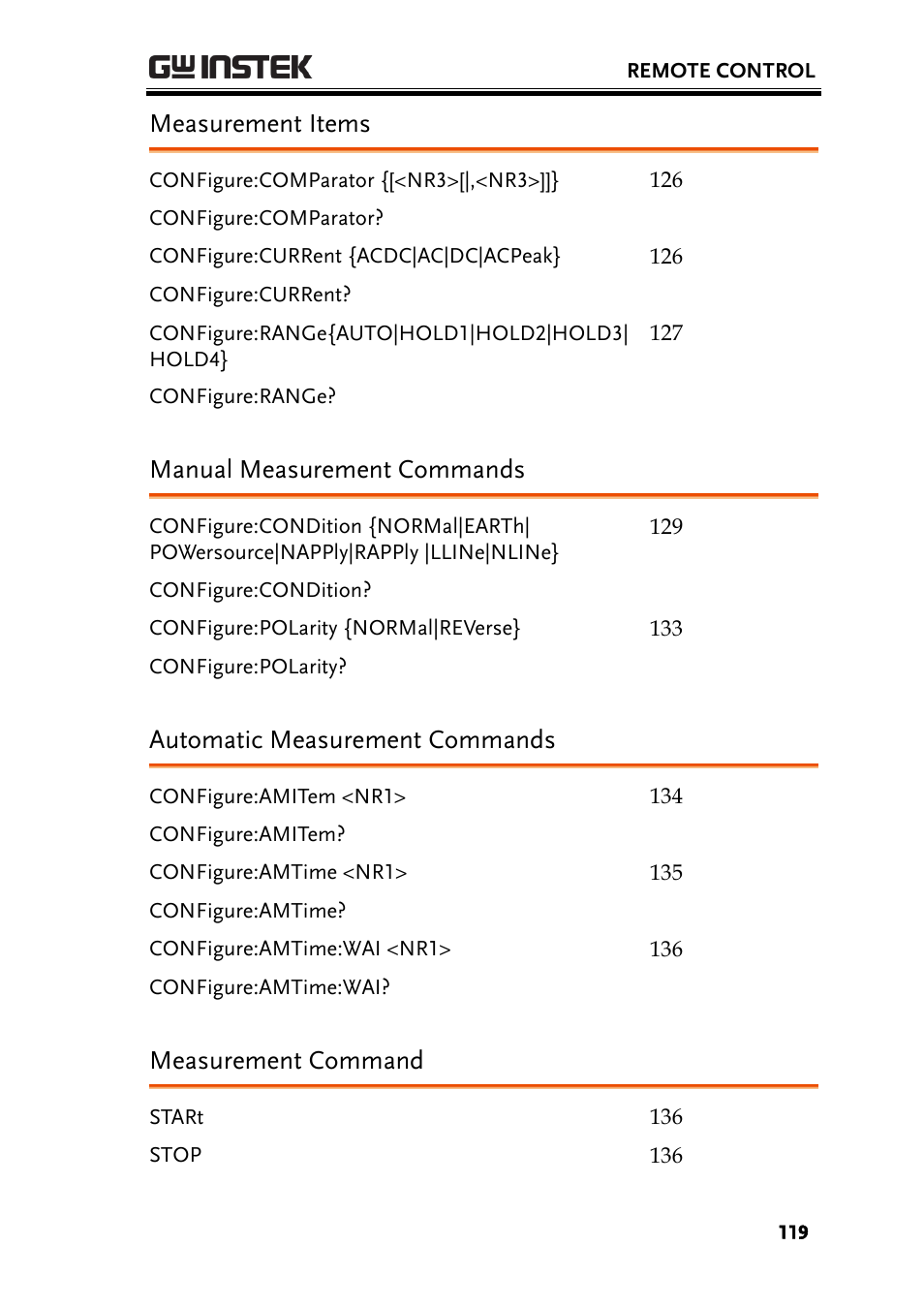 Measurement items, Manual measurement commands, Automatic measurement commands | Measurement command | GW Instek GLC-9000 User Manual User Manual | Page 119 / 187