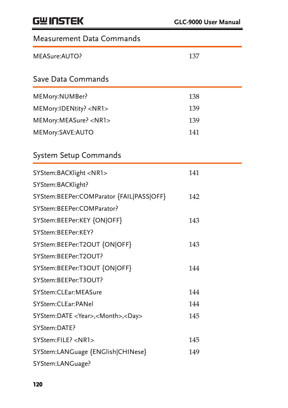 Measurement data commands, Save data commands, System setup commands | GW Instek GLC-9000 User Manual User Manual | Page 120 / 187