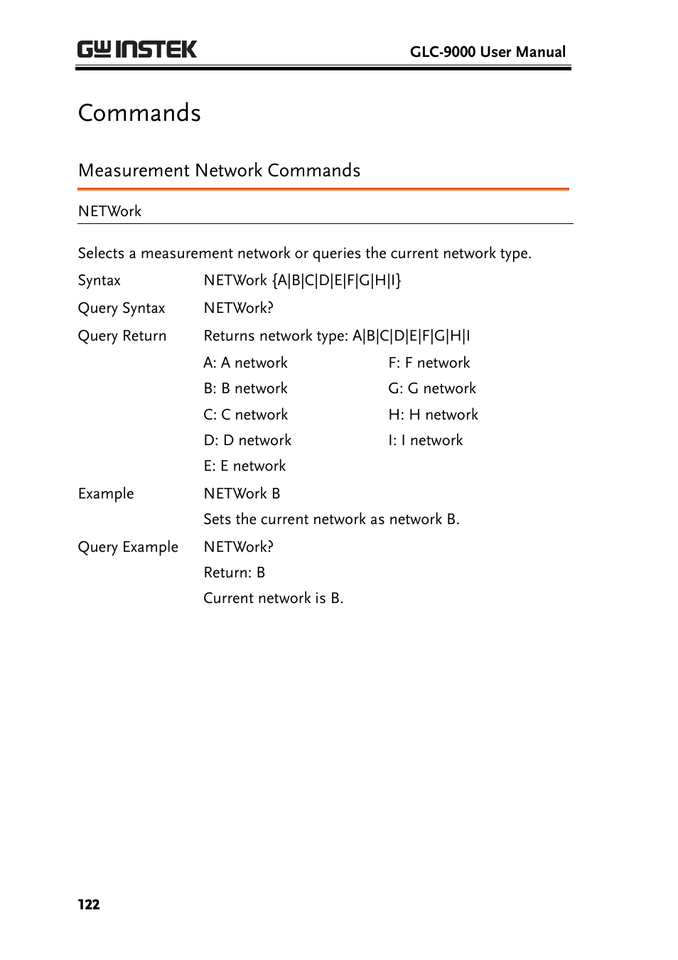 Commands, Measurement network commands | GW Instek GLC-9000 User Manual User Manual | Page 122 / 187