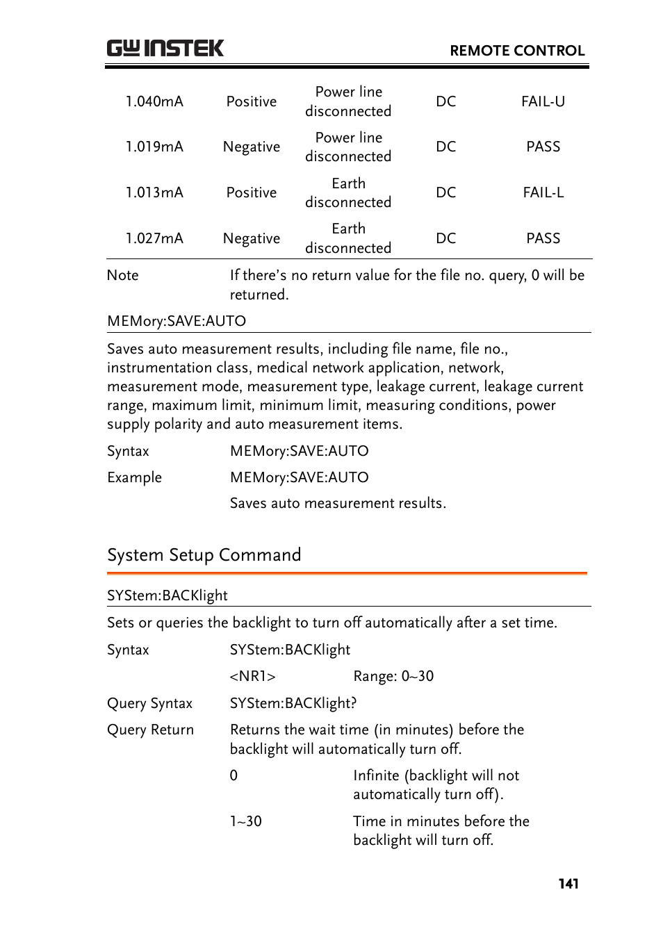 System setup command | GW Instek GLC-9000 User Manual User Manual | Page 141 / 187