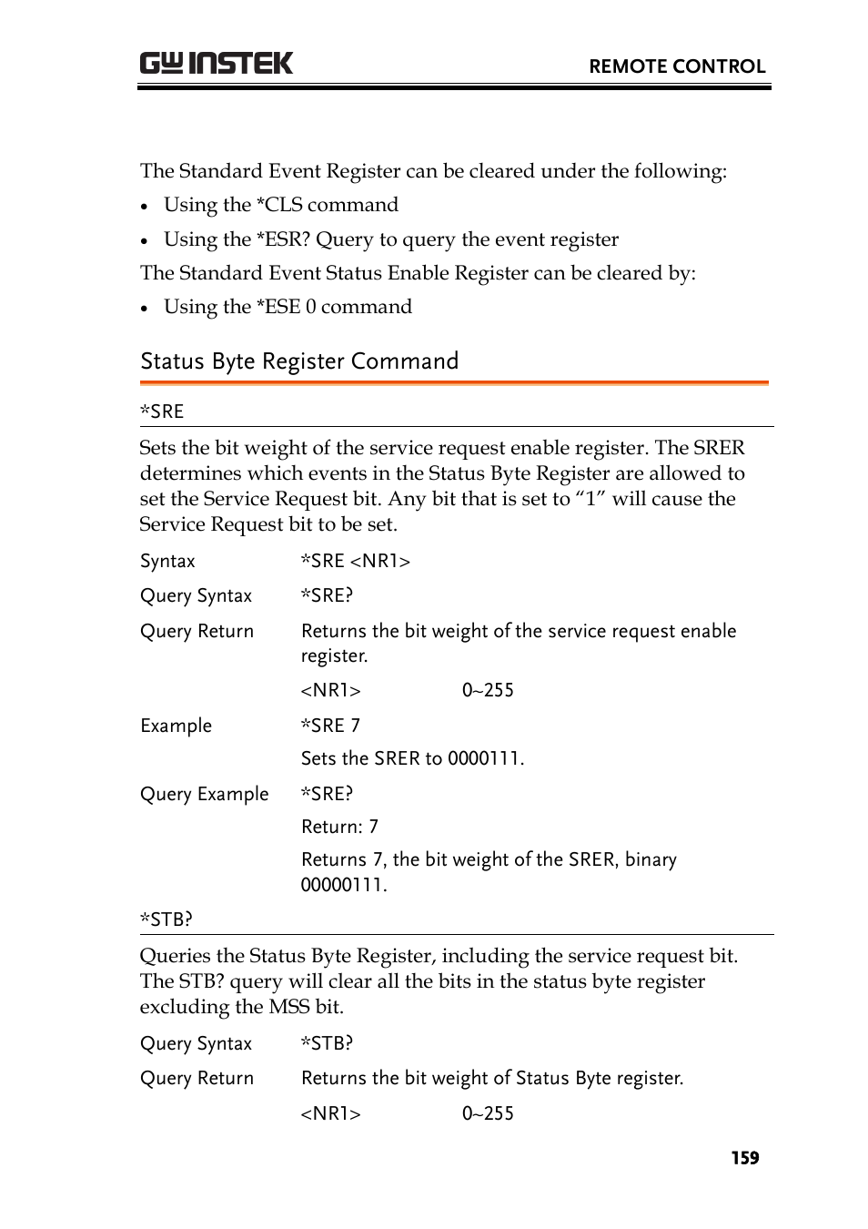 Status byte register command | GW Instek GLC-9000 User Manual User Manual | Page 159 / 187