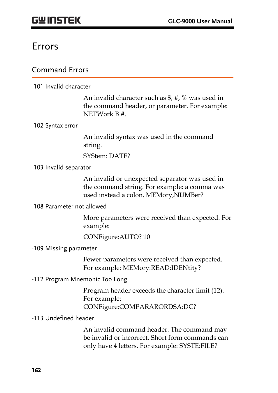 Errors, Command errors | GW Instek GLC-9000 User Manual User Manual | Page 162 / 187