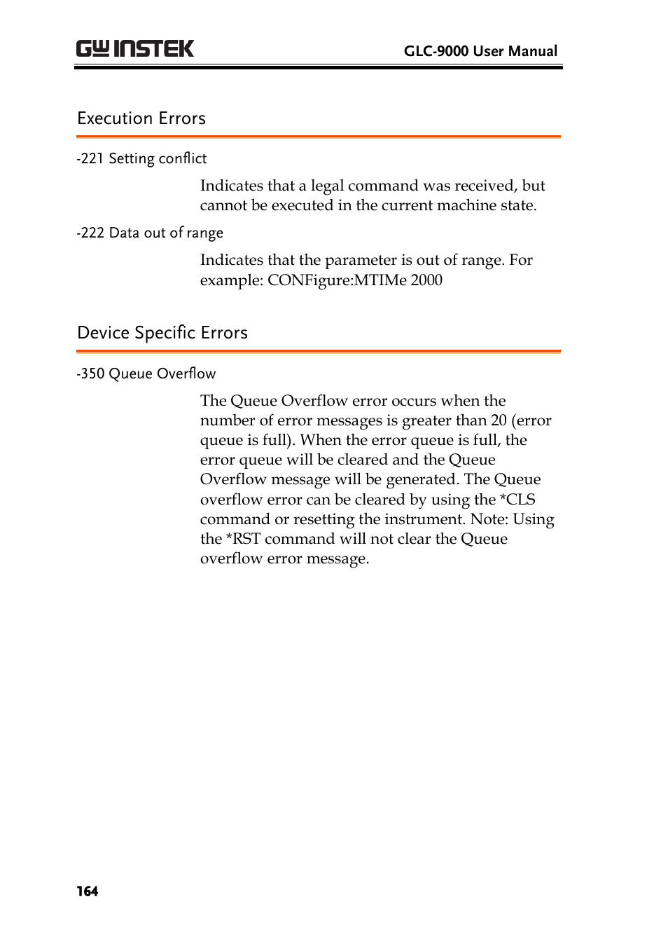 Execution errors, Device specific errors | GW Instek GLC-9000 User Manual User Manual | Page 164 / 187