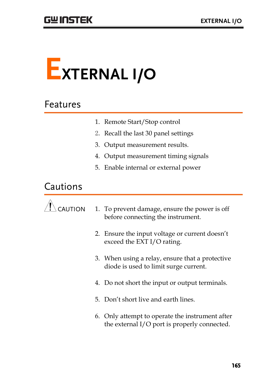 External i/o, Features, Cautions | Xternal i/o | GW Instek GLC-9000 User Manual User Manual | Page 165 / 187