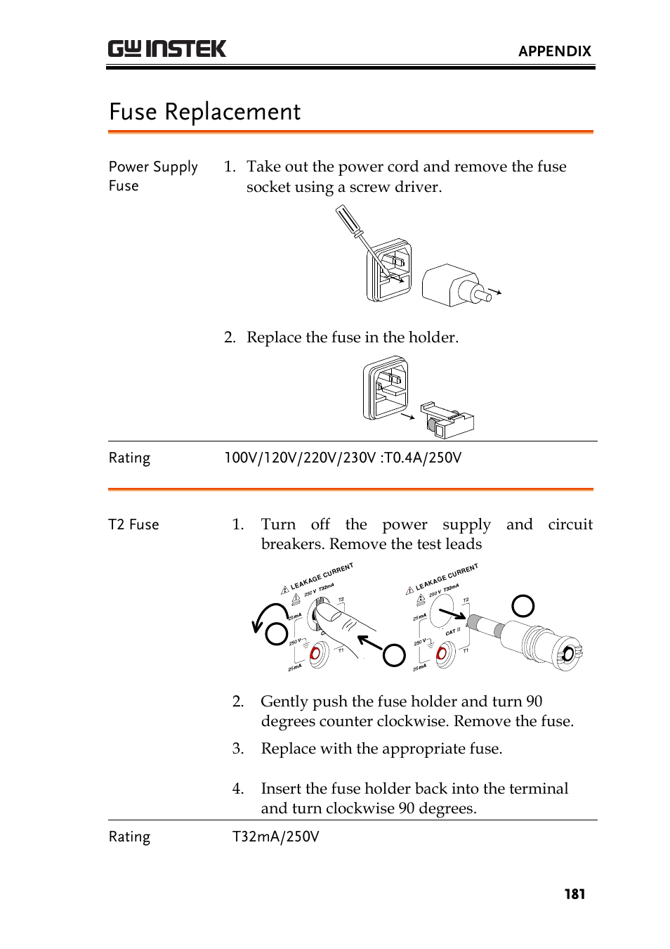 Fuse replacement | GW Instek GLC-9000 User Manual User Manual | Page 181 / 187