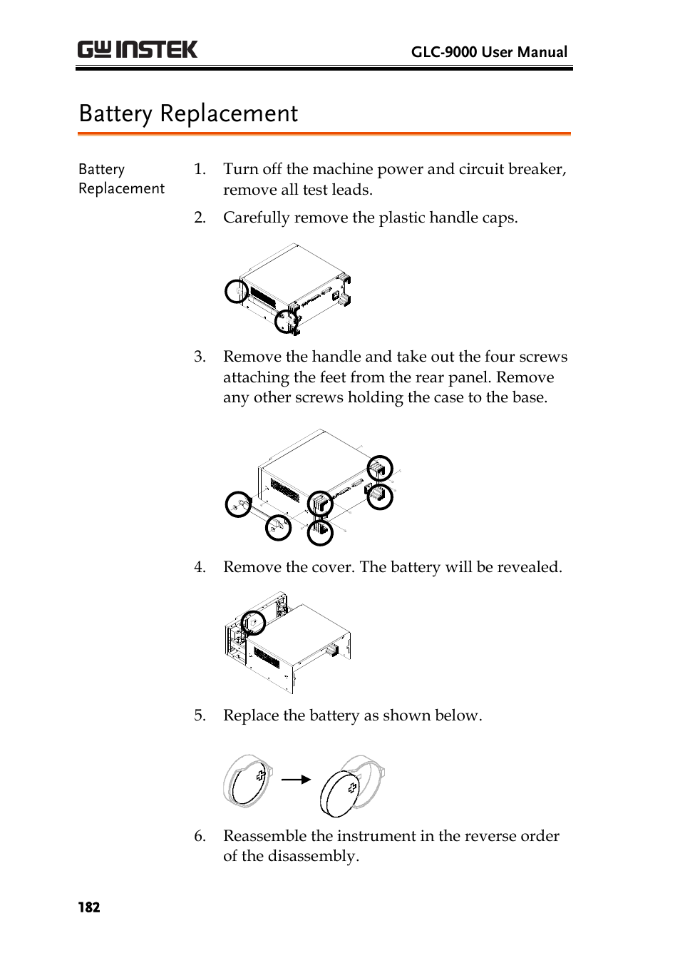 Battery replacement | GW Instek GLC-9000 User Manual User Manual | Page 182 / 187