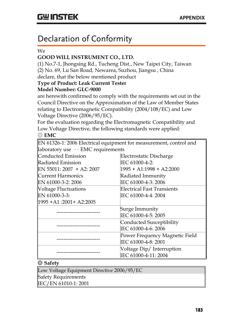 Declaration of conformity | GW Instek GLC-9000 User Manual User Manual | Page 183 / 187