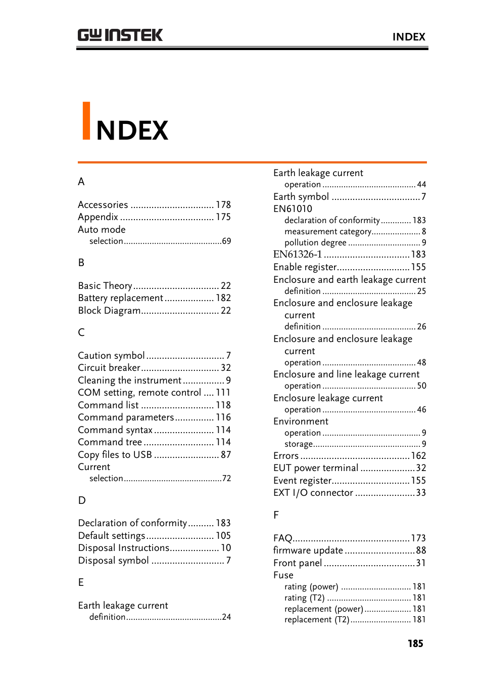 Index, Ndex | GW Instek GLC-9000 User Manual User Manual | Page 185 / 187