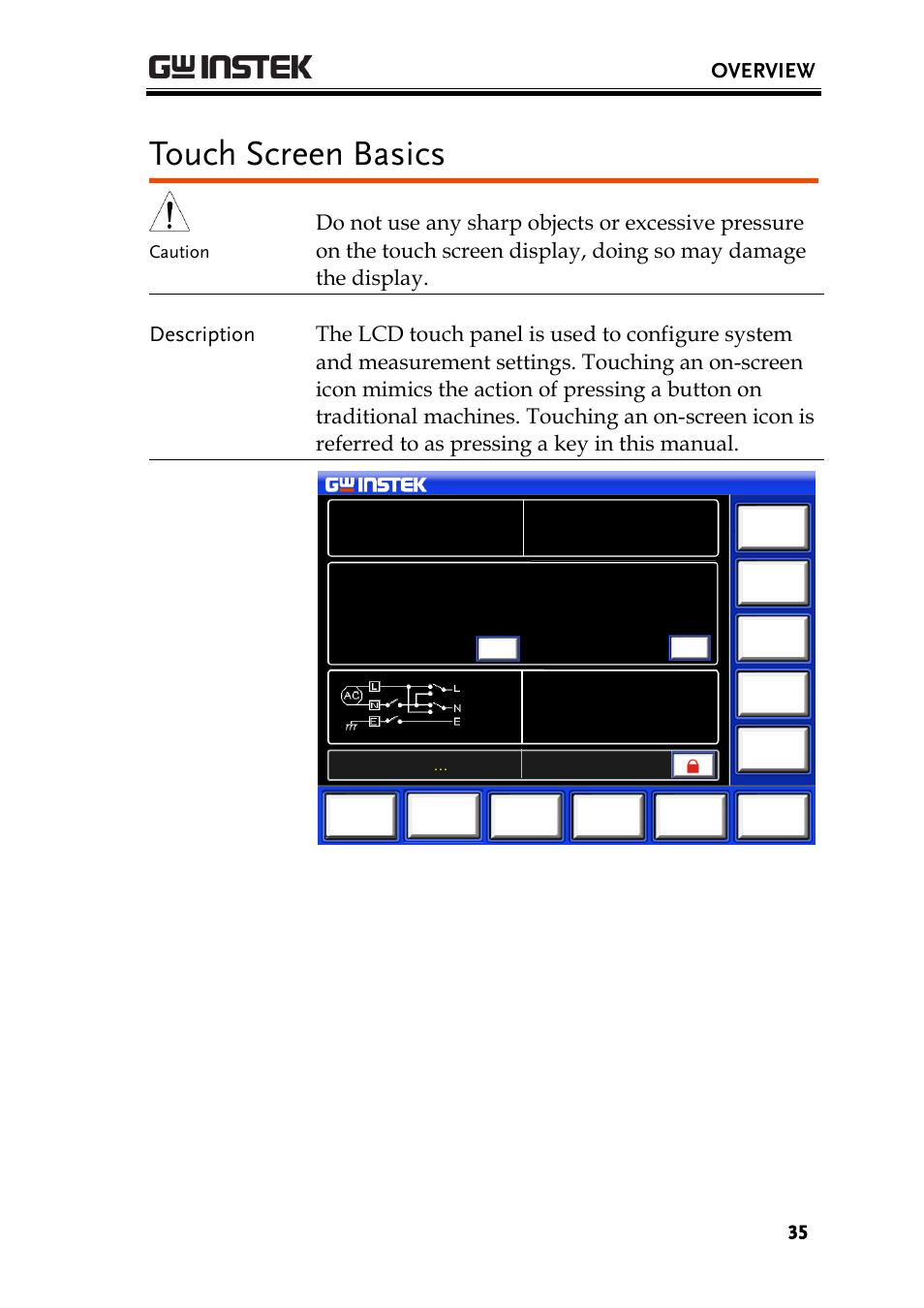 Touch screen basics, Overview, Caution | GW Instek GLC-9000 User Manual User Manual | Page 35 / 187