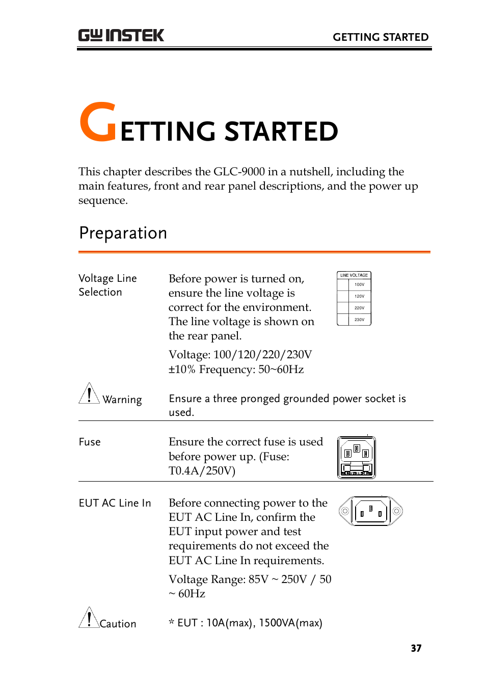 Getting started, Preparation, Etting started | GW Instek GLC-9000 User Manual User Manual | Page 37 / 187