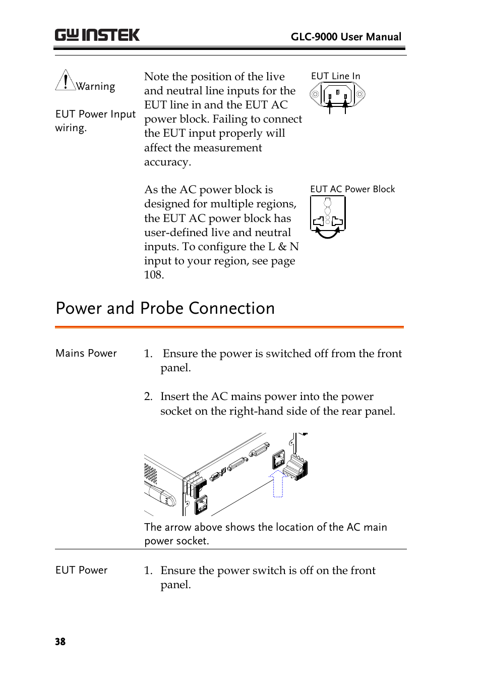 Power and probe connection | GW Instek GLC-9000 User Manual User Manual | Page 38 / 187