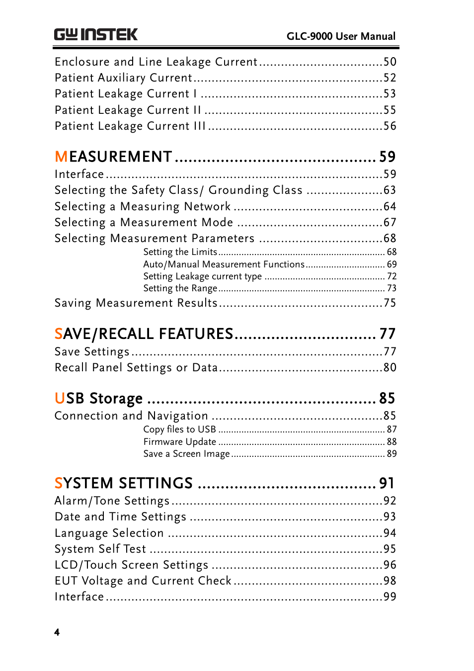 Measurement, Save/recall features, Usb storage | System settings | GW Instek GLC-9000 User Manual User Manual | Page 4 / 187