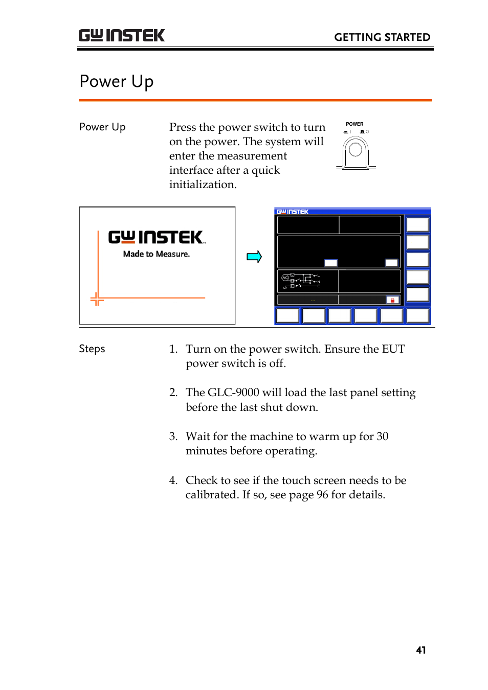 Power up, Getting started | GW Instek GLC-9000 User Manual User Manual | Page 41 / 187