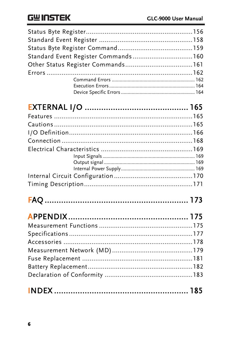 External i/o, Appendix, Index | GW Instek GLC-9000 User Manual User Manual | Page 6 / 187