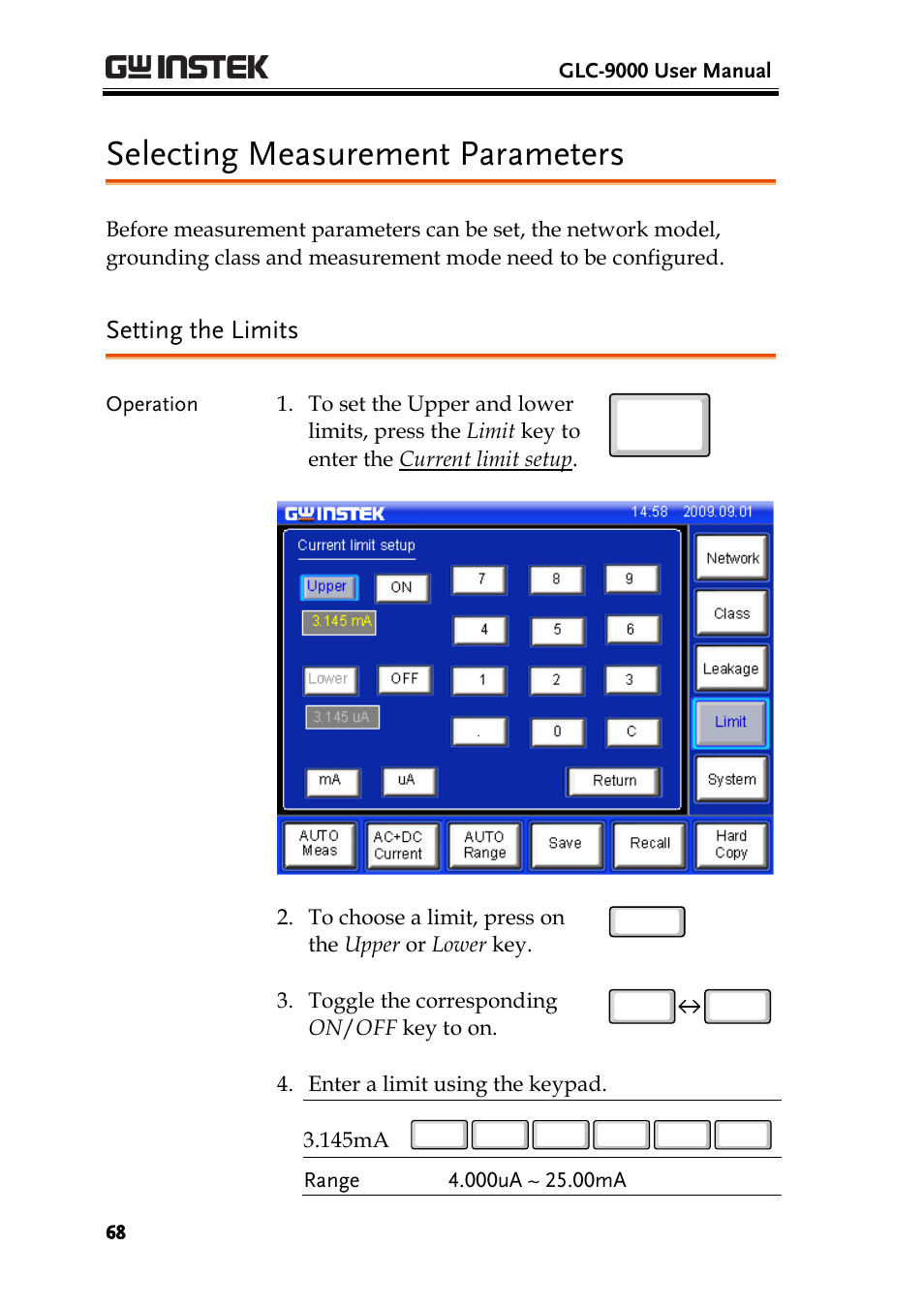 Selecting measurement parameters, Setting the limits | GW Instek GLC-9000 User Manual User Manual | Page 68 / 187