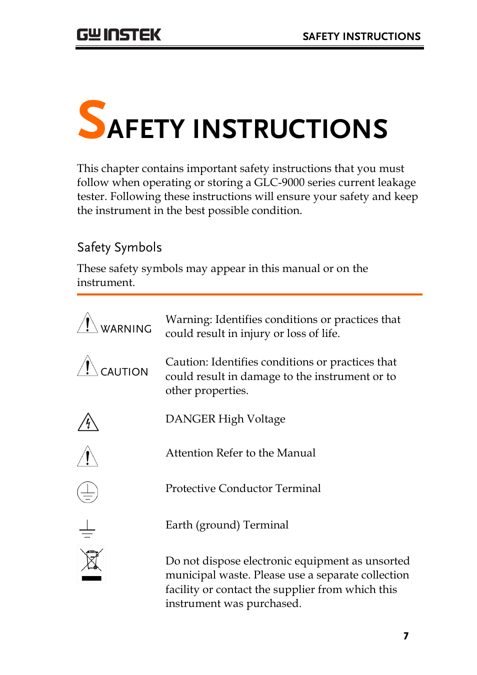 Safety instructions, Safety symbols, Afety instructions | GW Instek GLC-9000 User Manual User Manual | Page 7 / 187