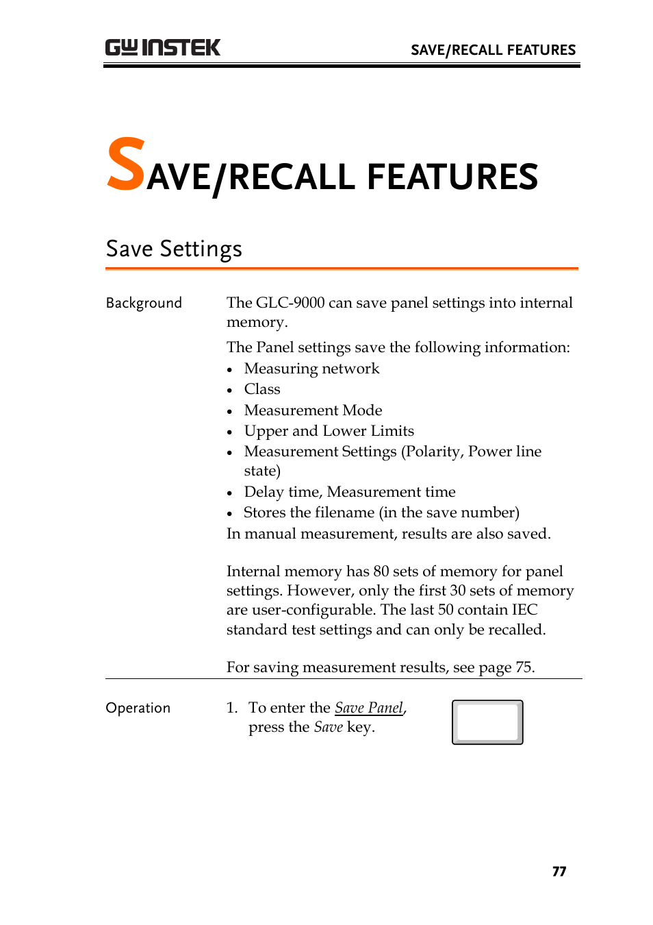 Save/recall features, Save settings, Ave/recall features | GW Instek GLC-9000 User Manual User Manual | Page 77 / 187