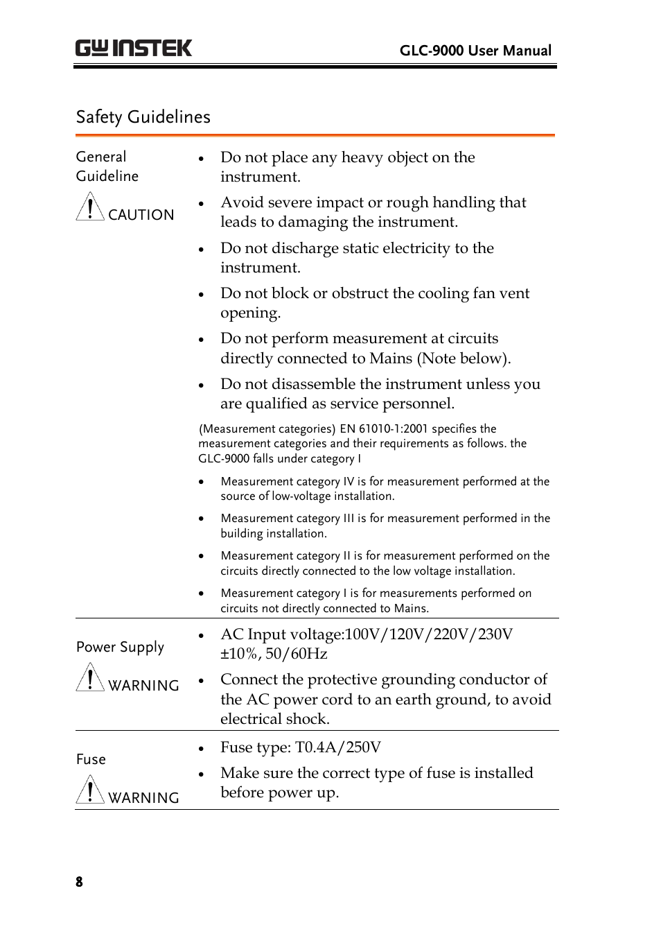 Safety guidelines | GW Instek GLC-9000 User Manual User Manual | Page 8 / 187