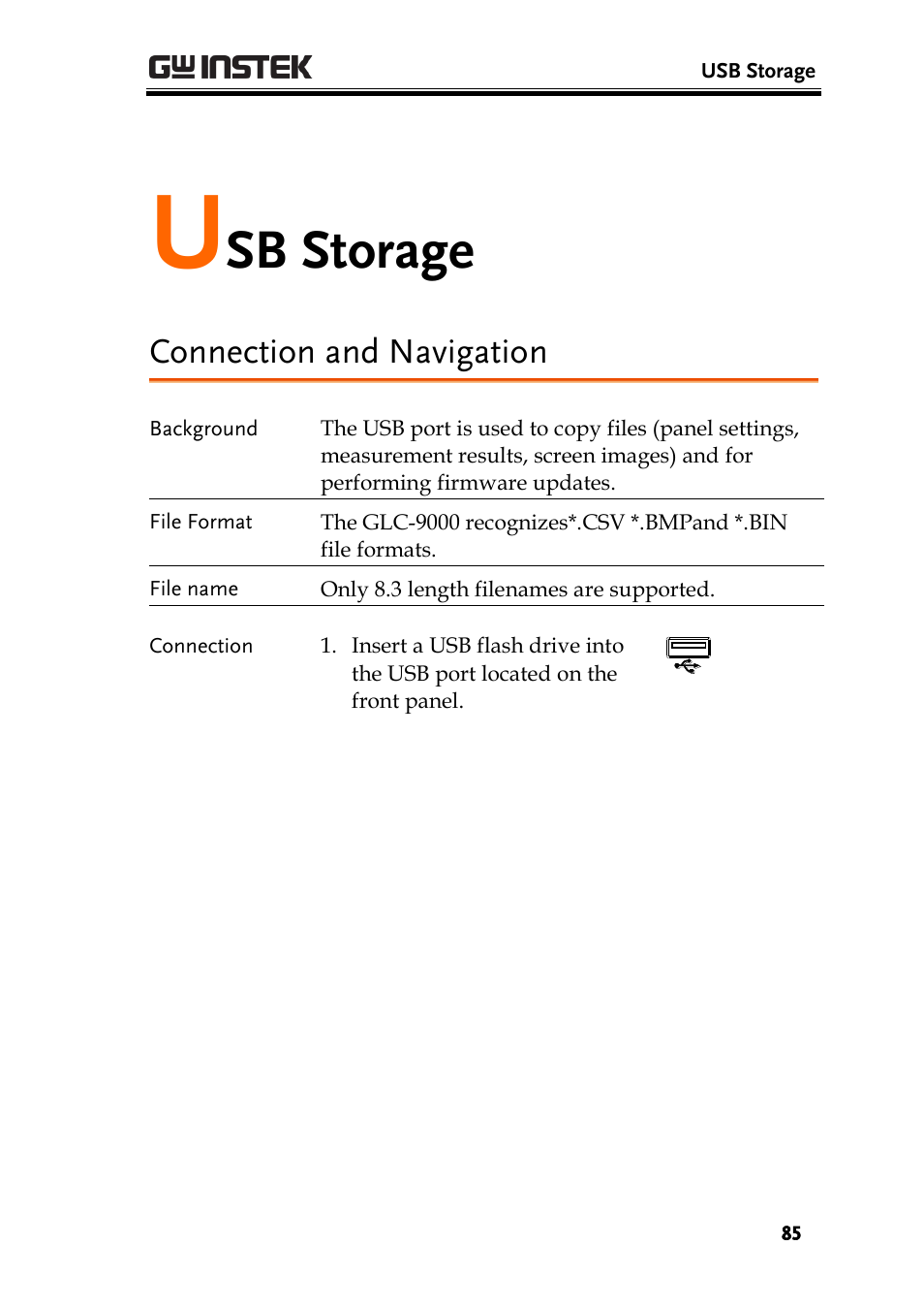 Usb storage, Connection and navigation, Sb storage | GW Instek GLC-9000 User Manual User Manual | Page 85 / 187