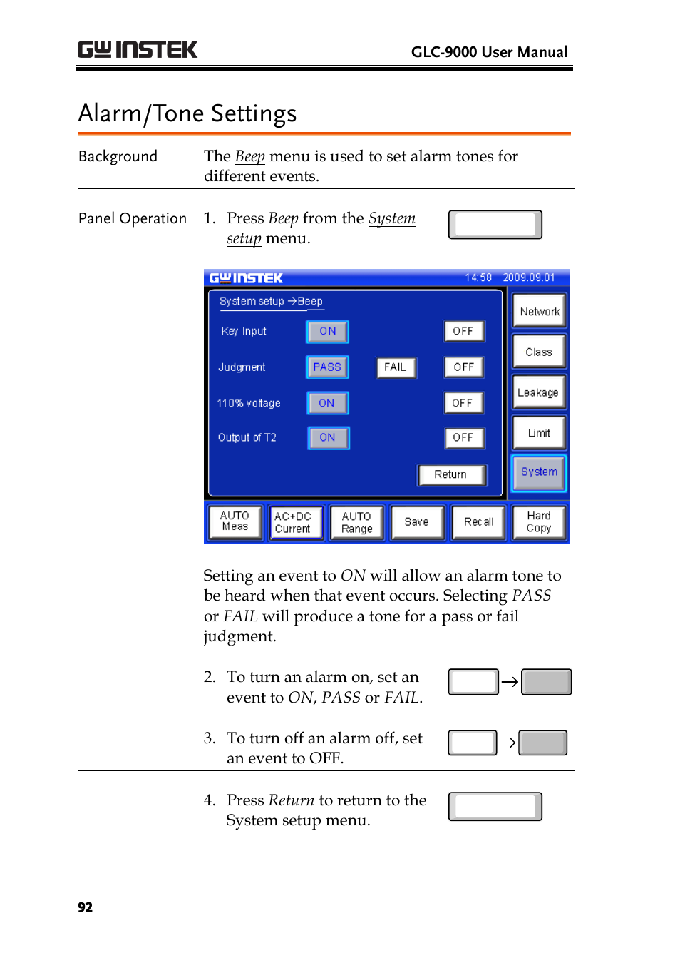 Alarm/tone settings | GW Instek GLC-9000 User Manual User Manual | Page 92 / 187