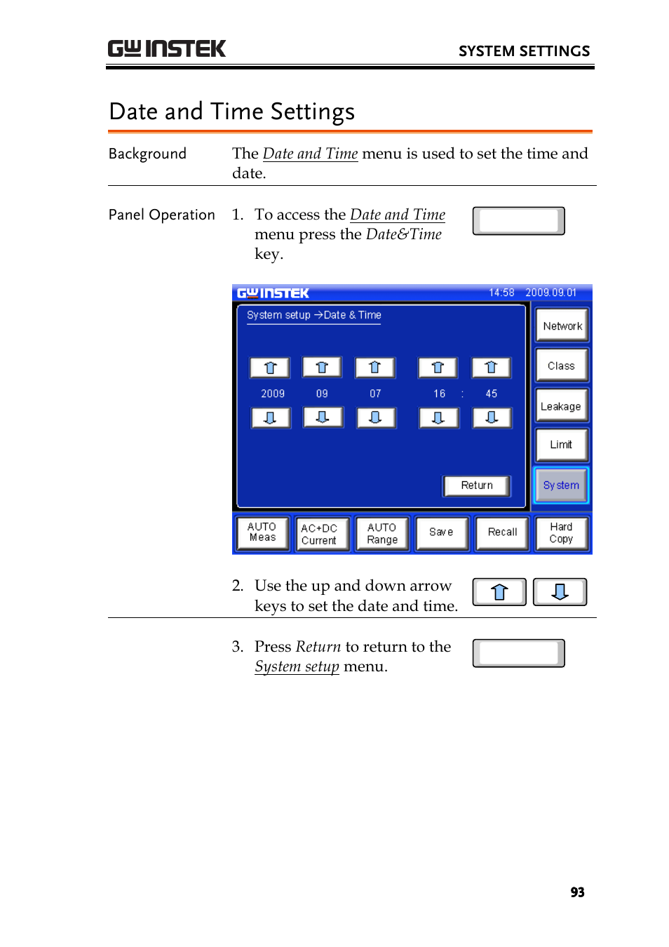 Date and time settings | GW Instek GLC-9000 User Manual User Manual | Page 93 / 187