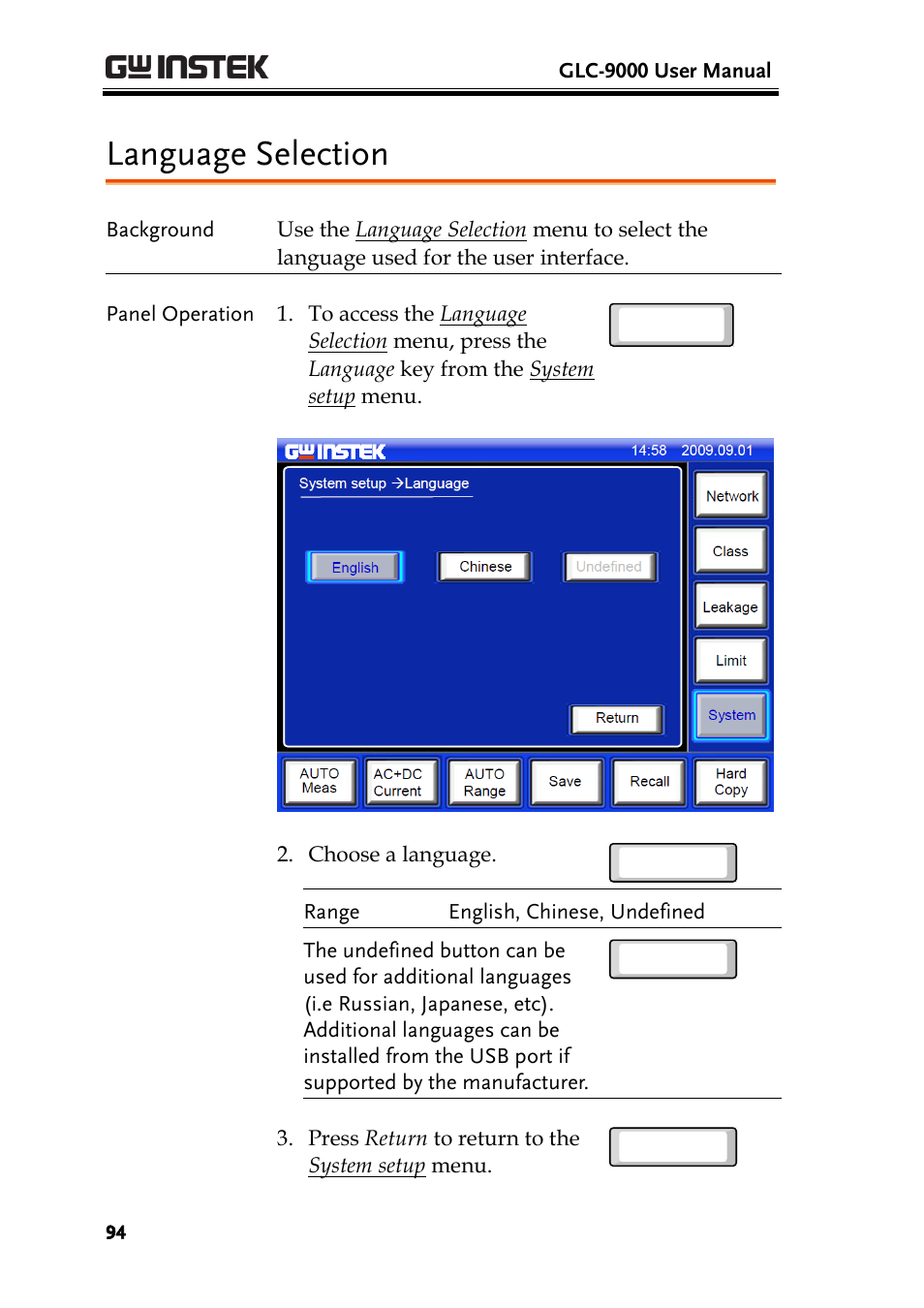 Language selection | GW Instek GLC-9000 User Manual User Manual | Page 94 / 187