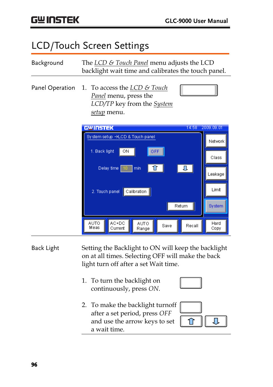 Lcd/touch screen settings | GW Instek GLC-9000 User Manual User Manual | Page 96 / 187