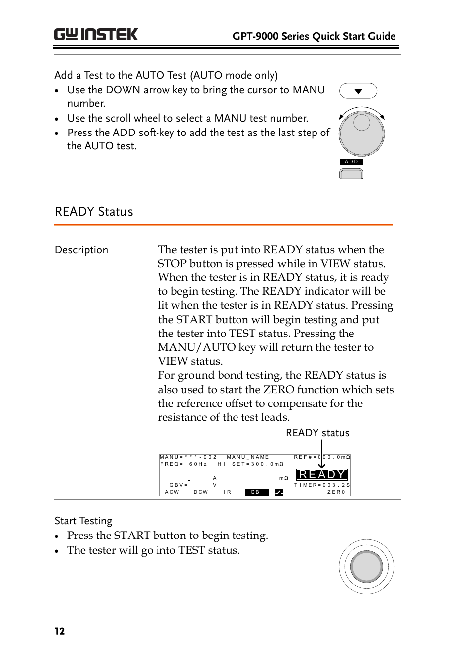 Ready status, Gpt-9000 series quick start guide, Add a test to the auto test (auto mode only) | Use the scroll wheel to select a manu test number, Ready status a e r, Ystart testing, Press the start button to begin testing, The tester will go into test status | GW Instek GPT-9800 series Quick Start Guide User Manual | Page 12 / 20